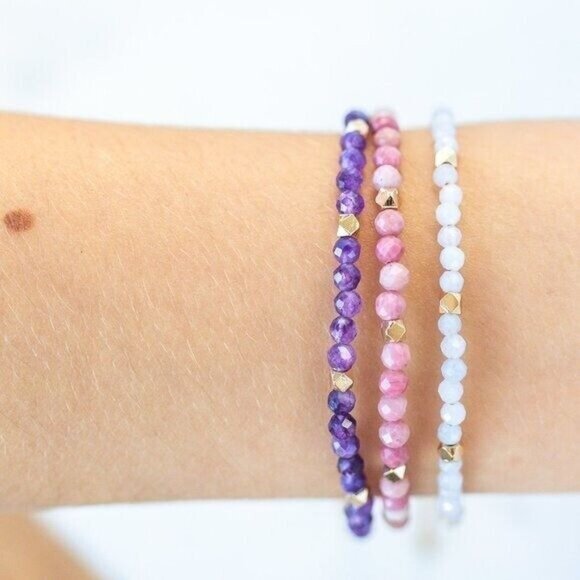 3 beaded bracelets! Bundle dainty beaded stacking bracelets amethyst rhodolite - Picture 1 of 11